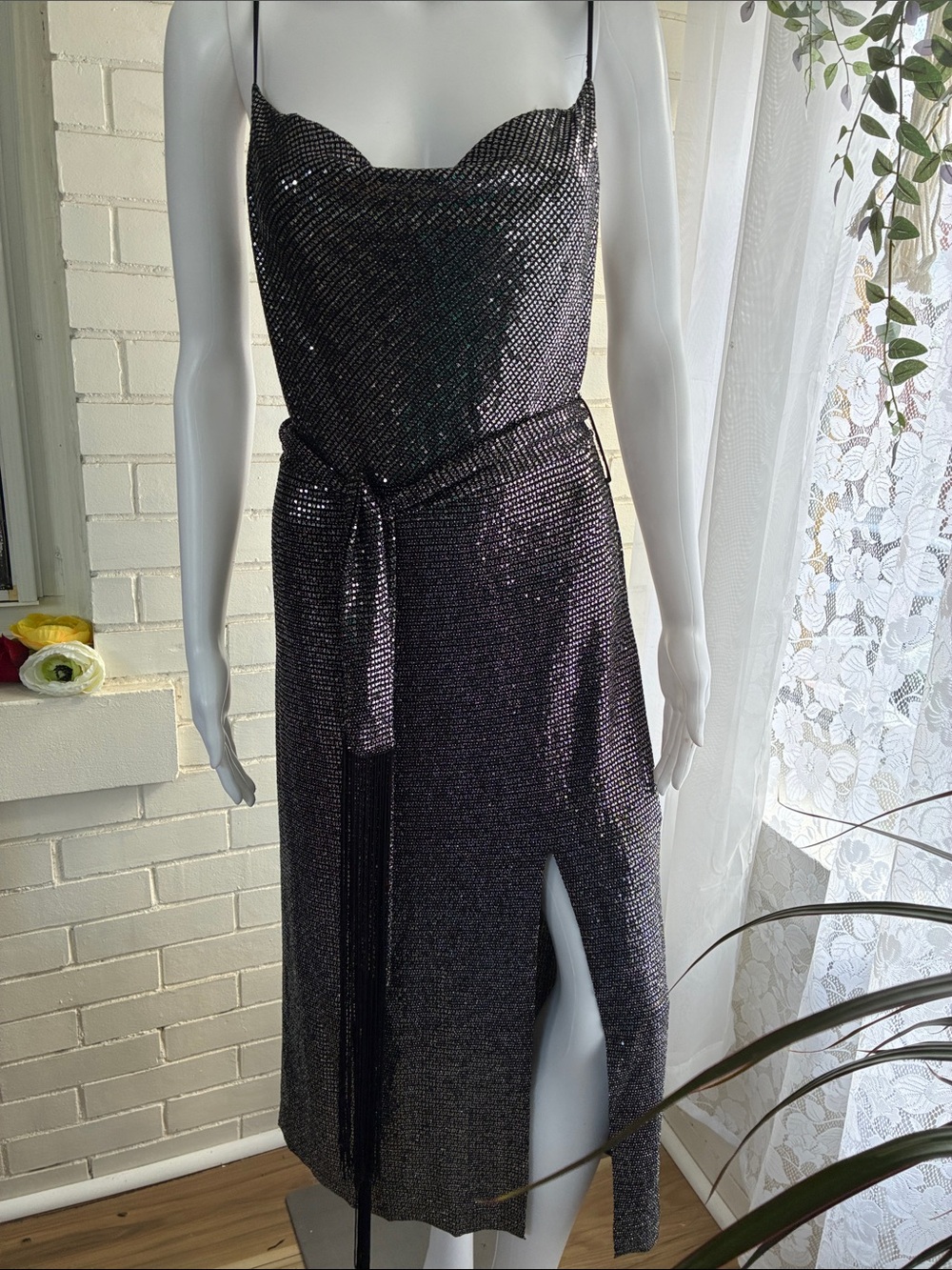 Zara Black Sequin Cowl Midi Dress with Side Slit and Self-Tie Waist